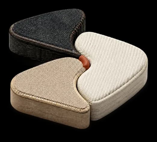 Three stacked slabs in denim, cord and ivory, each cut on the S