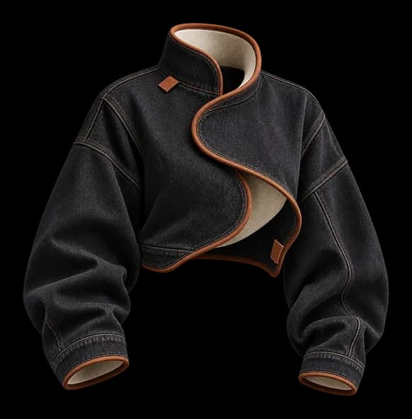 Cropped black denim jacket with a clay-lined S-curve hem
